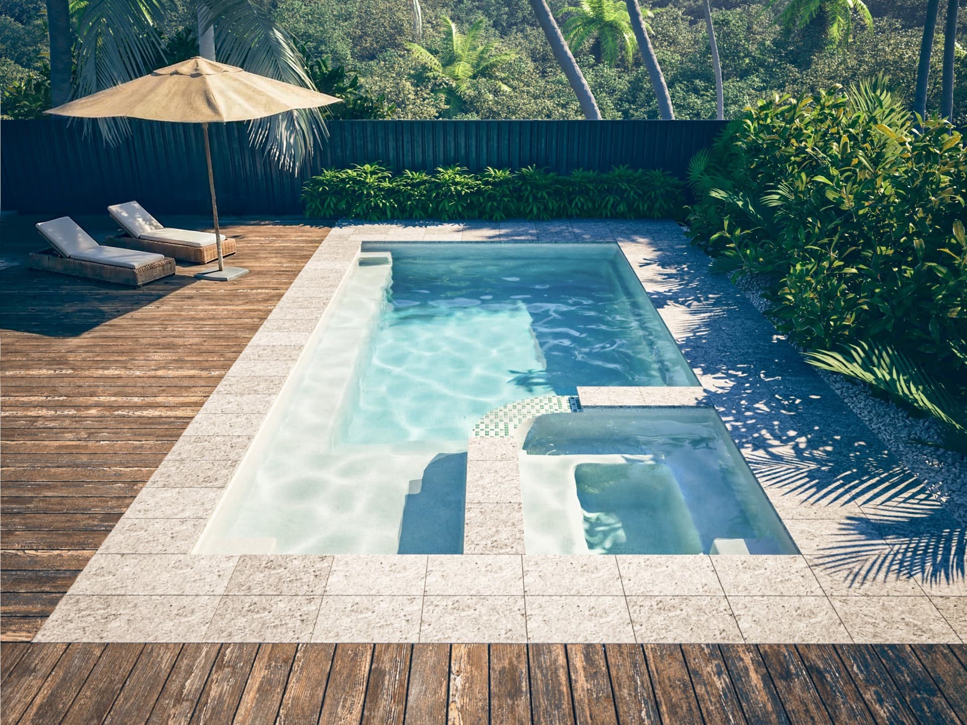 Fusion 8 fibreglass combo pool with integrated spa and beach entry