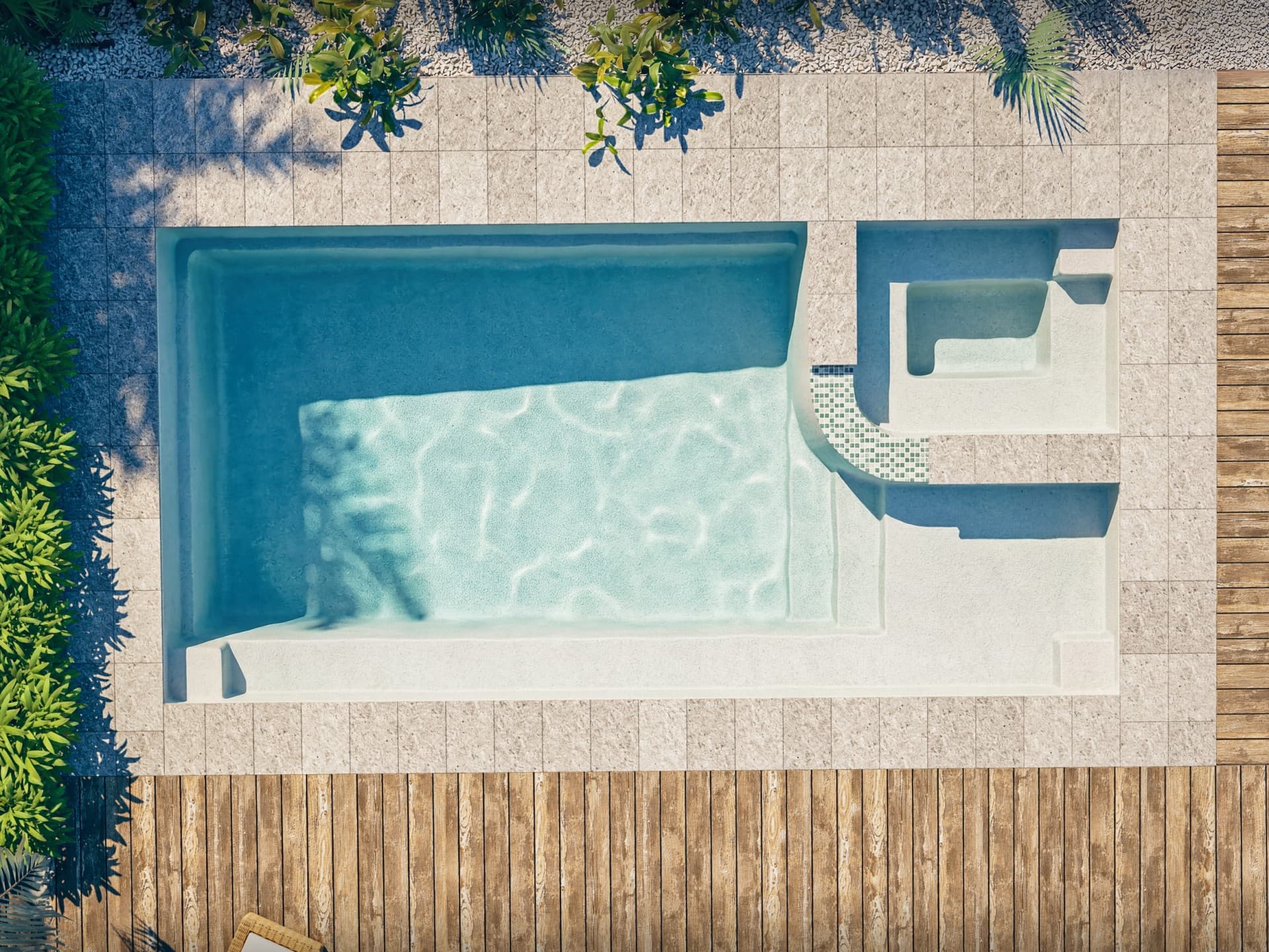 Compass Fusion 8 fibreglass pool and spa configuration in supplier photography