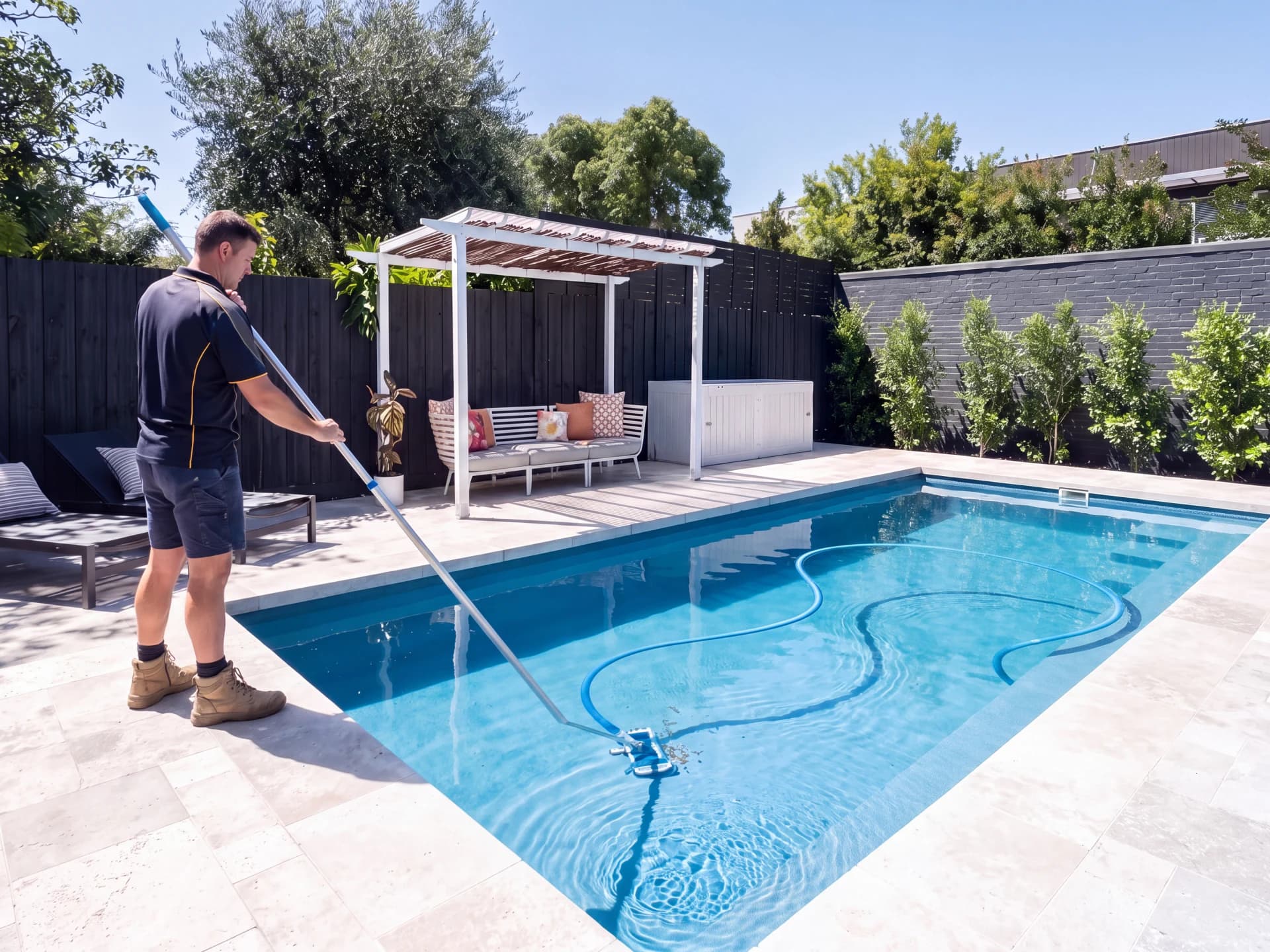 Visual comparison of manual vacuuming in a daytime backyard pool