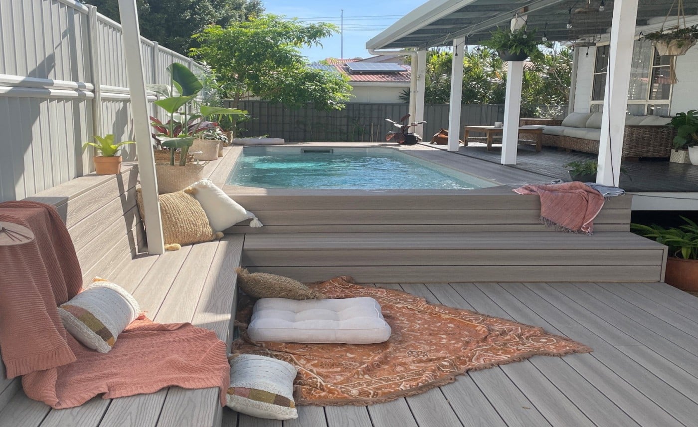 Compass Express freestanding fibreglass pool shown in supplier photography