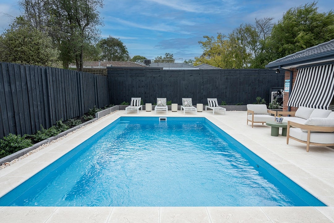 Compass Sanctuary fibreglass pool and poolside loungers in Rowville