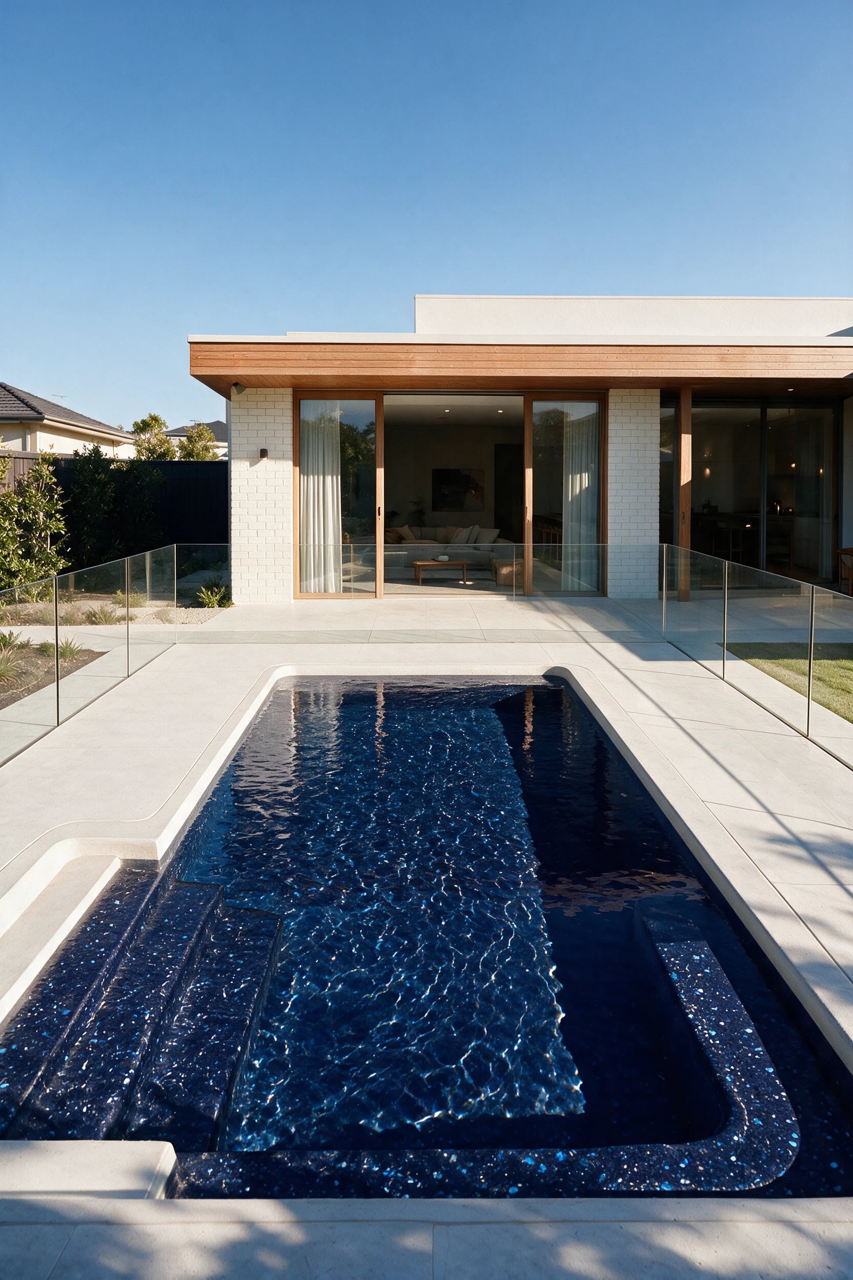 Atlantic fibreglass pool colour shown in a backyard visualisation