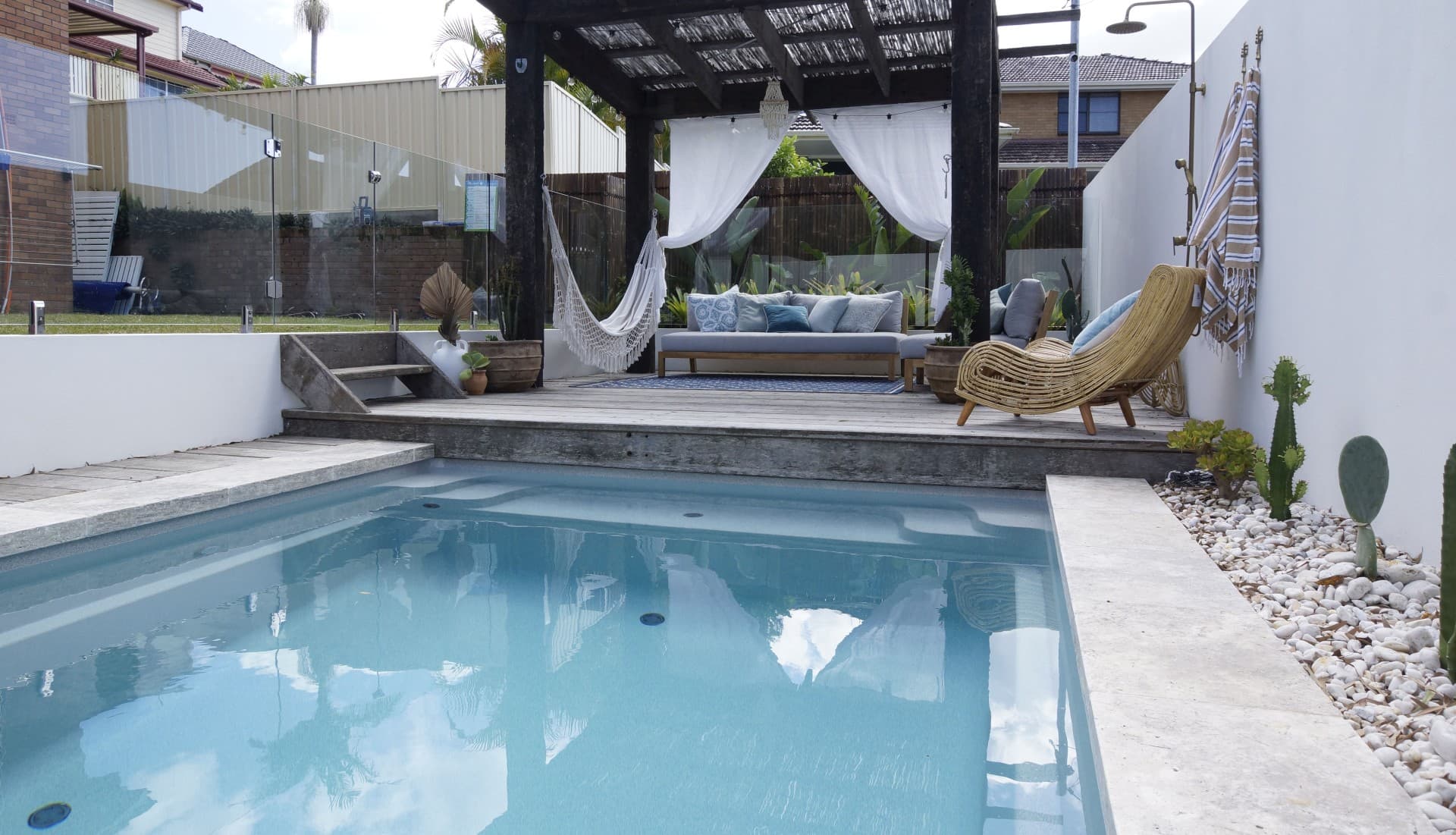 Compass fibreglass pool showing built-in Vantage self-cleaning nozzles