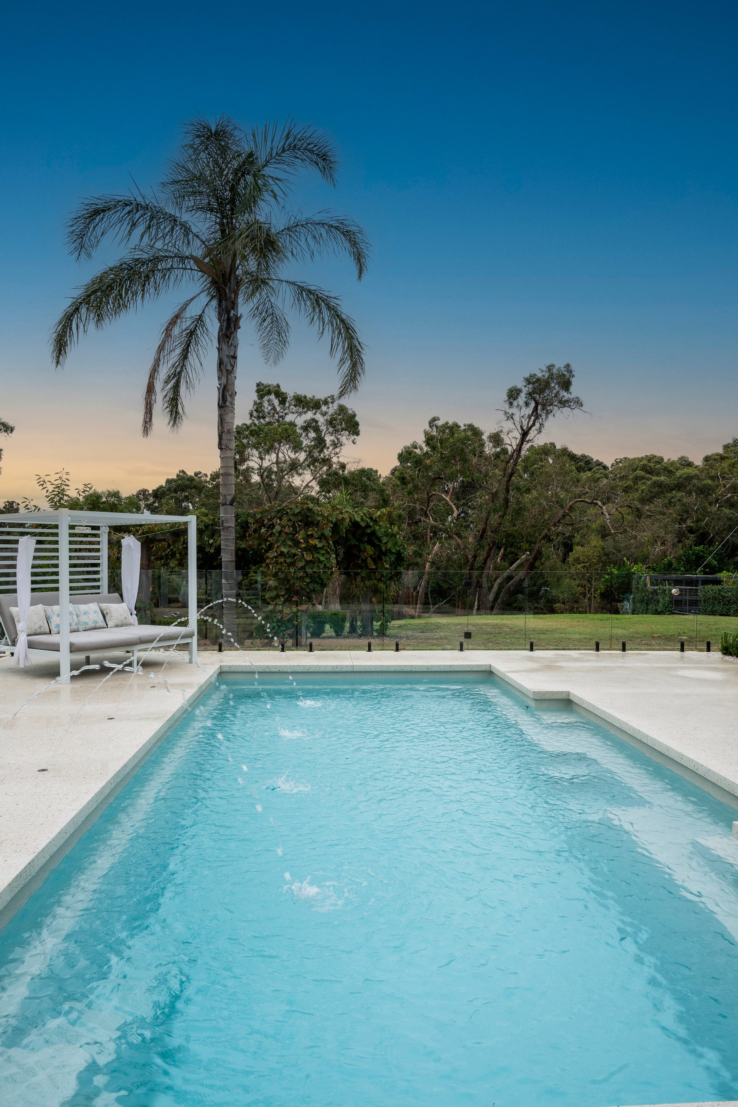 Pool steps and rural outlook at sunset in Pearcedale